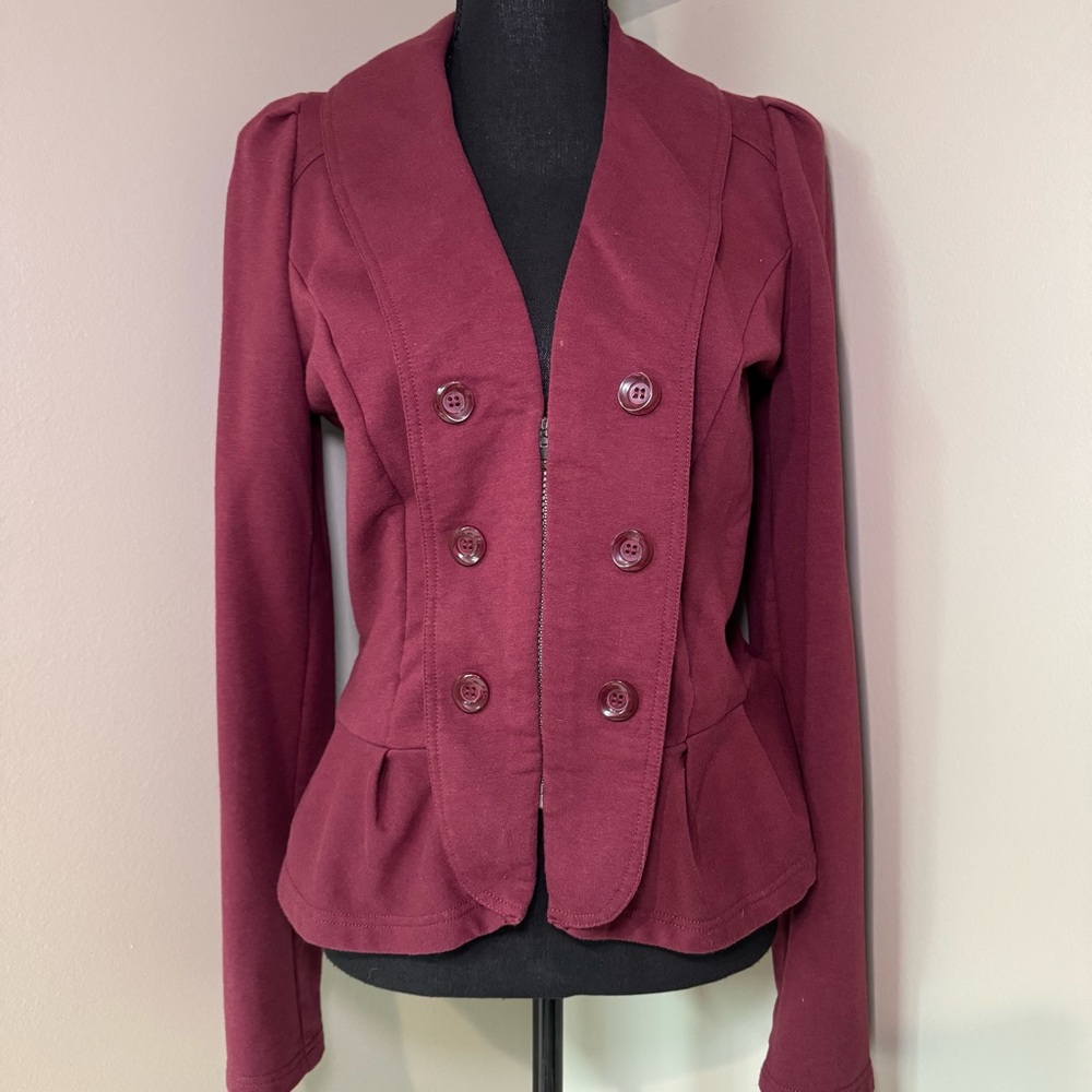 Ambition Women’s Jacket Maroon Round Collar Zip Button Design Stretch Size M